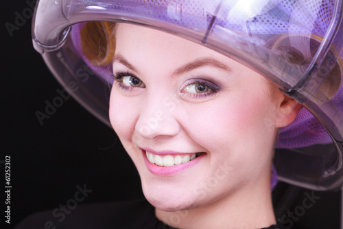 Beautiful girl hair curlers rollers hairdresser beauty salon © Voyagerix