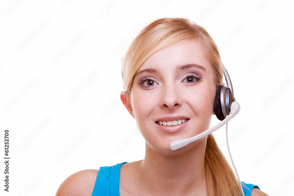 Girl with headphones and microphone headset on white Girl with headphones and microphone headset on white