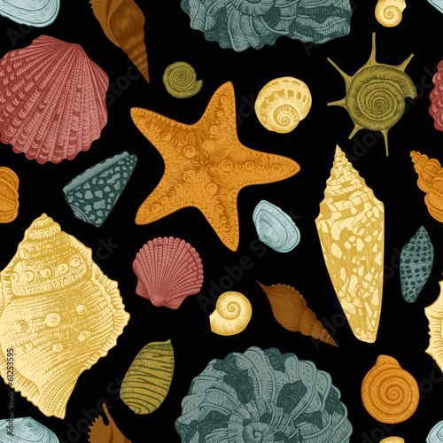 Vector seamless vintage pattern with colorful seashells