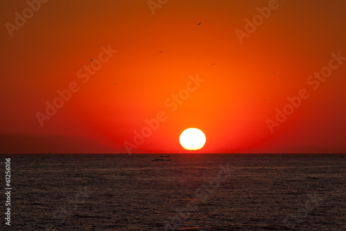 Photography Sunrise background with boat and birds.