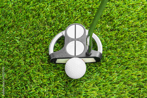 Close up of golf ball and putter on green