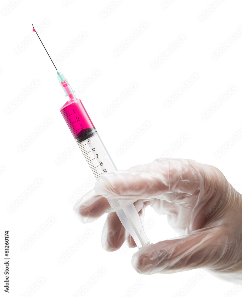 hand with white glove holding syringe for Injecting hand with white glove holding syringe for Injecting