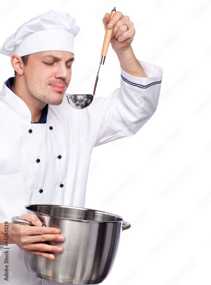 man cook holding saucepan and ladle man cook holding saucepan and ladle