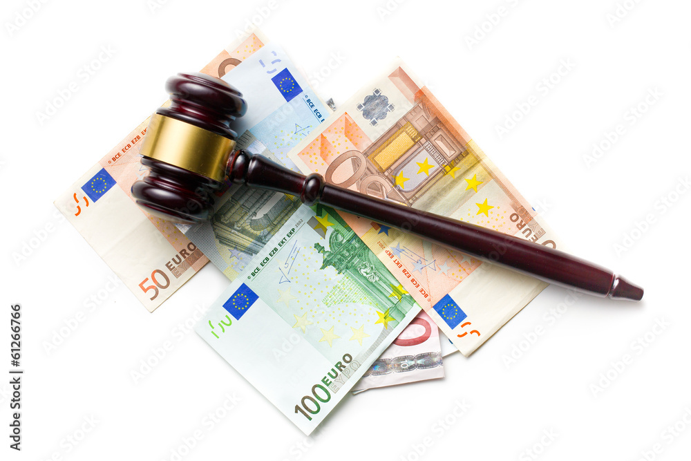 judge gavel on euro bills