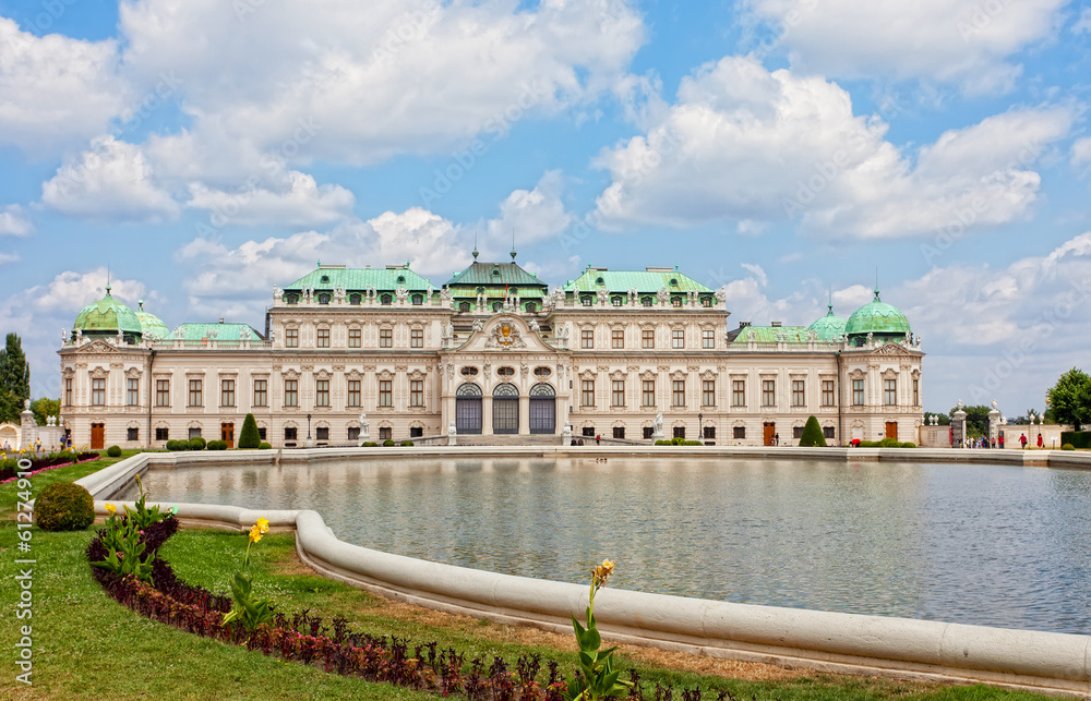 Belvedere palace is reflected in fountain water, Vienna, Austria