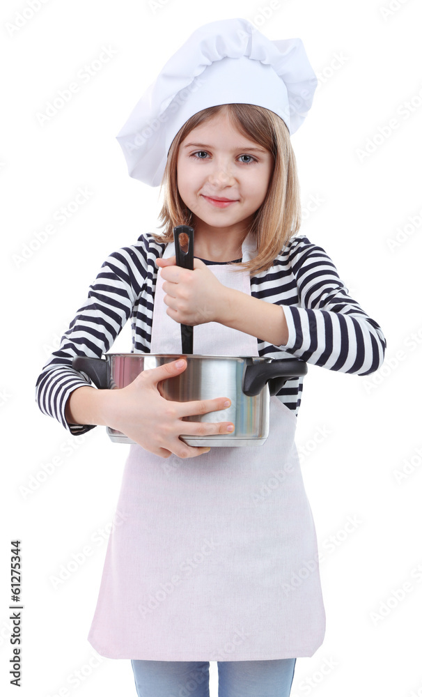 Beautiful little girl holding kitchen spoon and pan isolated Beautiful little girl holding kitchen spoon and pan isolated