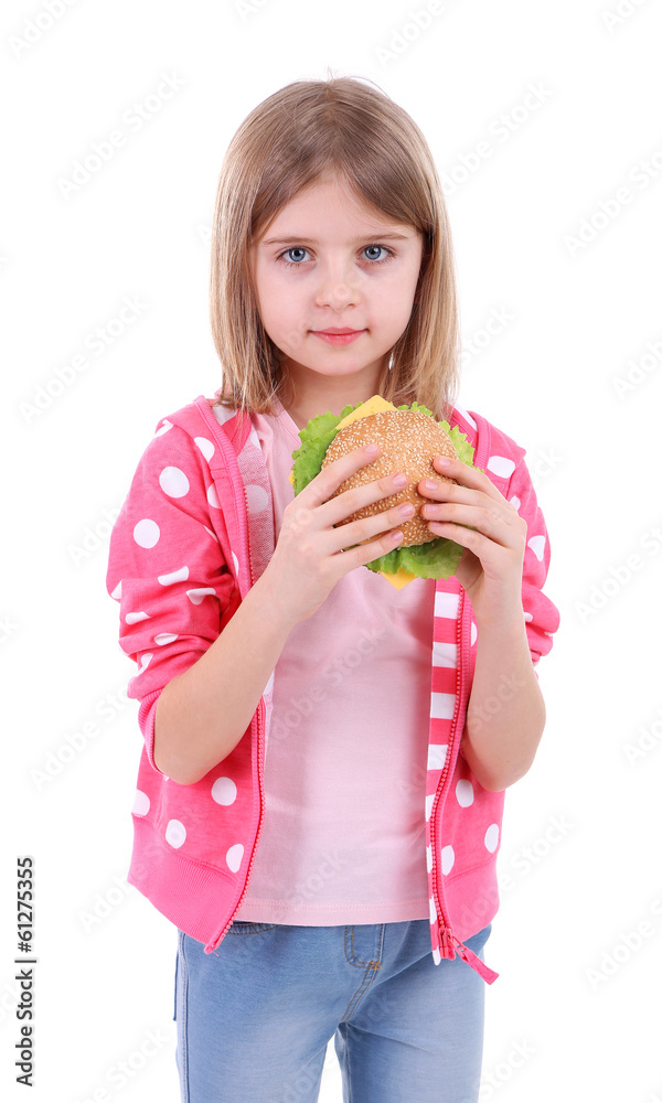 Beautiful little girl holding sandwich isolated on white Beautiful little girl holding sandwich isolated on white