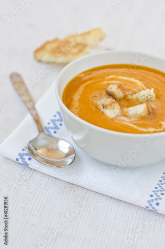 Pumpkin soup with croutons.