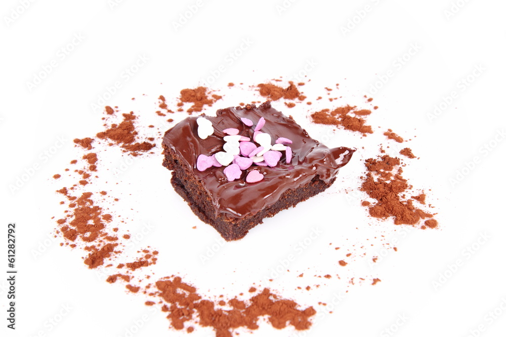 Brownie with chocolate and heart shape decoration Brownie with chocolate and heart shape decoration