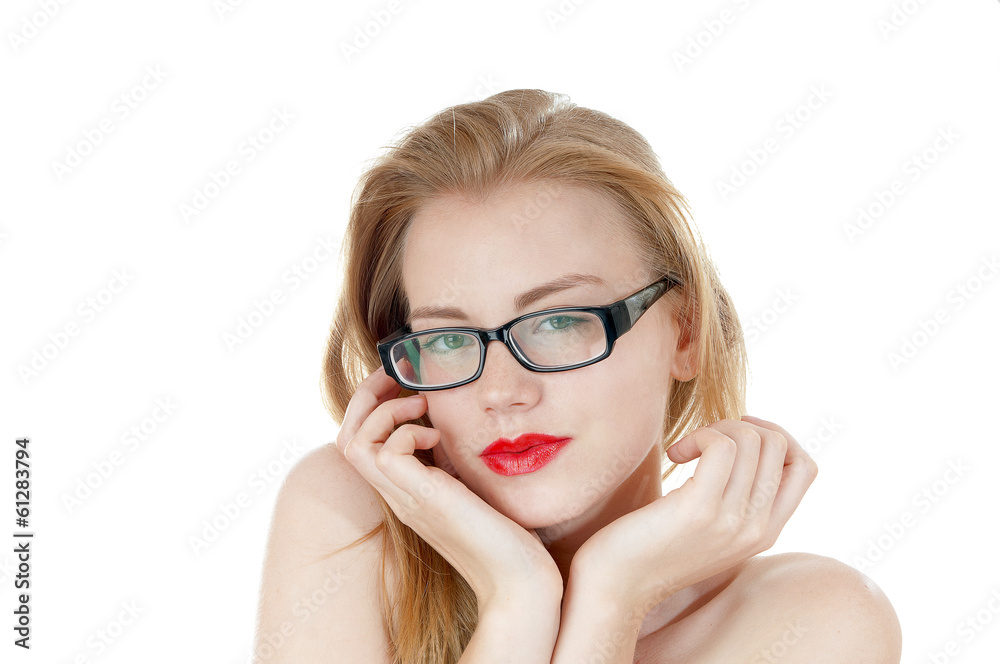 Portrait of smart beauty girl in glasses - isolated on white bac Portrait of smart beauty girl in glasses - isolated on white bac