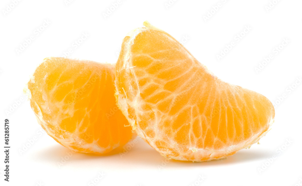 Peeled tangerine segments isolated on white background