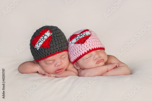 Newborn Baby Twins in Love Mom and Dad Hats photo