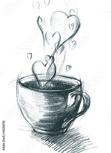 Cup of Tea with Steam hearts, freehand sketch drawing