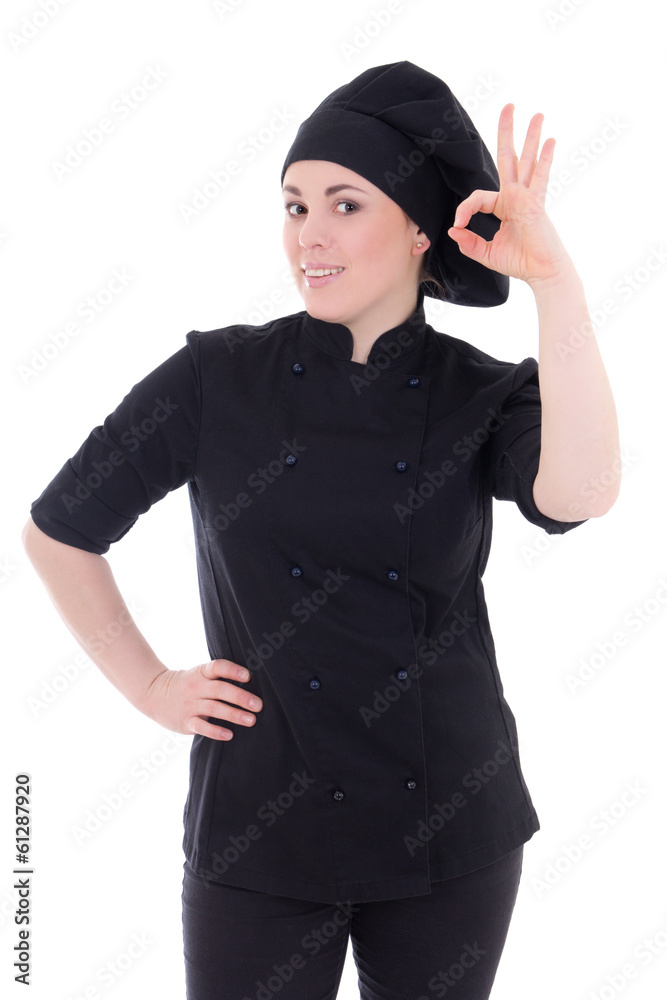 attractive cook woman in black uniform showing ok sign isolated attractive cook woman in black uniform showing ok sign isolated