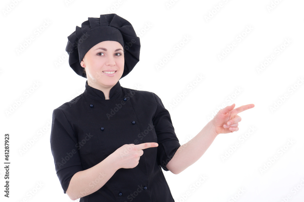 cook woman showing or presenting something isolated on white cook woman showing or presenting something isolated on white
