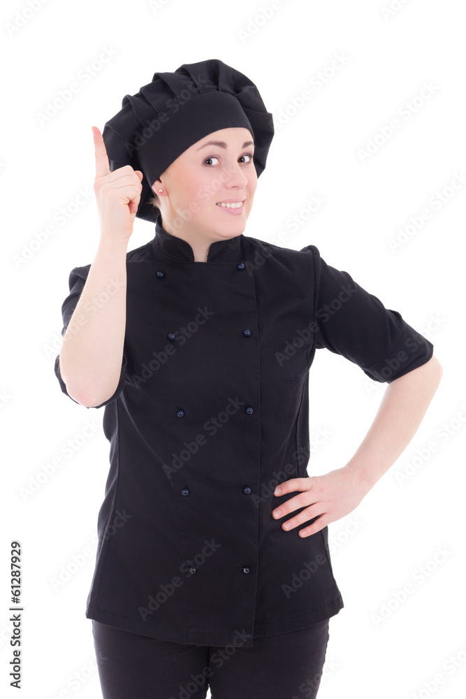 cook woman in black uniform pointing finger up isolated on white cook woman in black uniform pointing finger up isolated on white