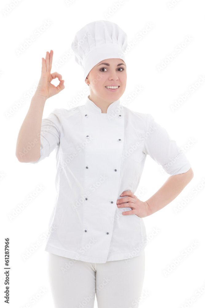 portrait of young cook woman showing ok sign isolated on white portrait of young cook woman showing ok sign isolated on white