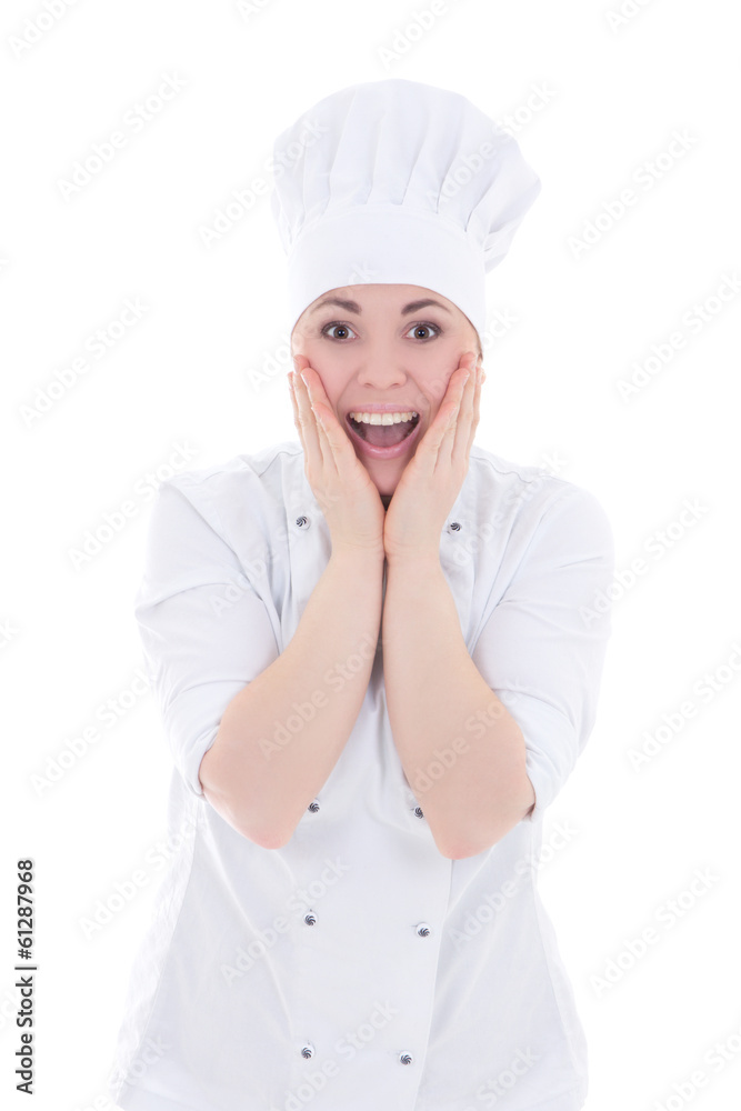 excited young cook woman isolated on white excited young cook woman isolated on white