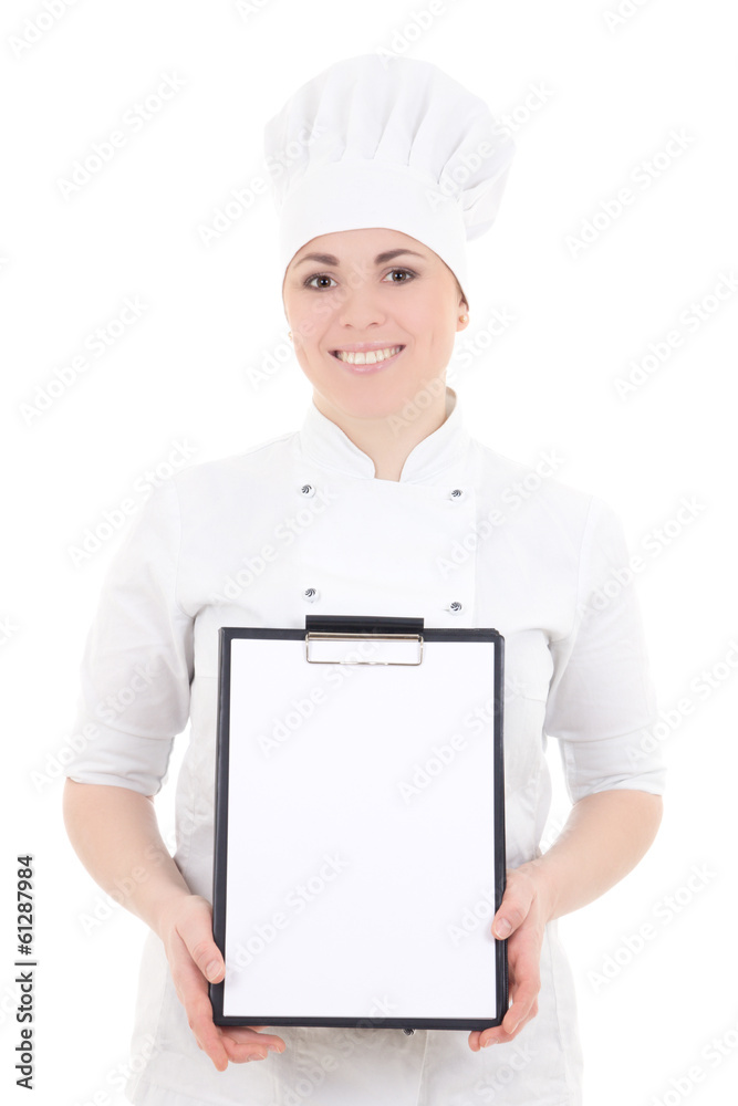 portrait of young cook woman in uniform holding clipboard isolat portrait of young cook woman in uniform holding clipboard isolat