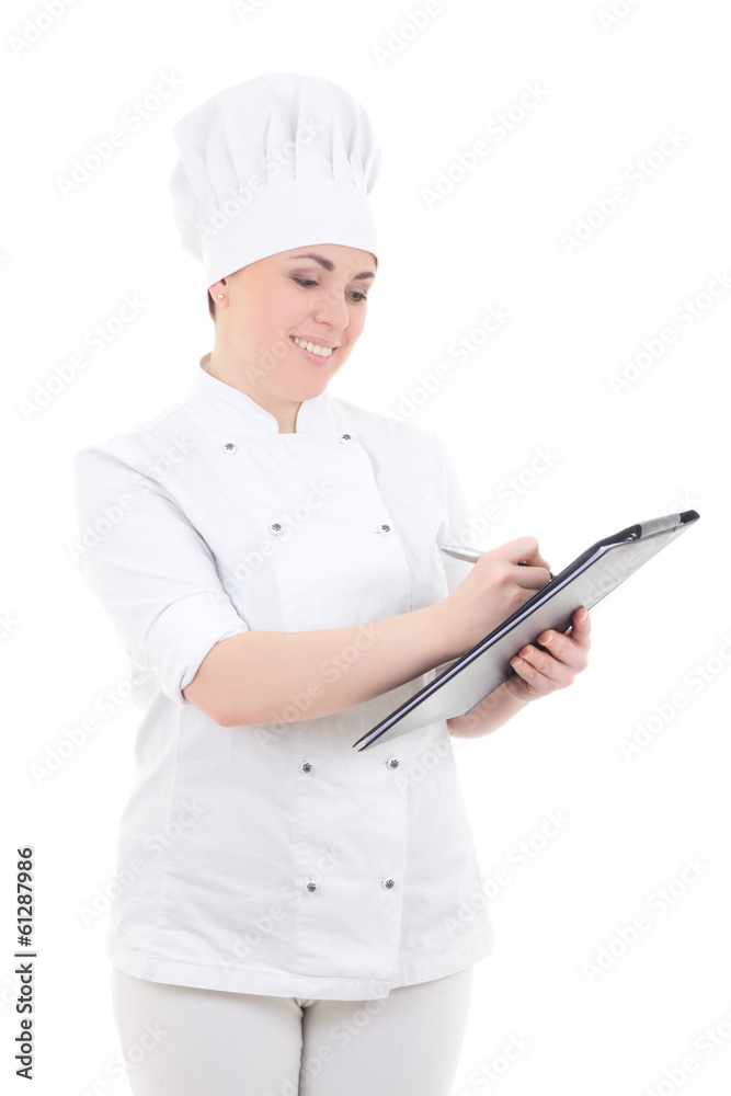 young cook woman in uniform with clipboard isolated on white young cook woman in uniform with clipboard isolated on white