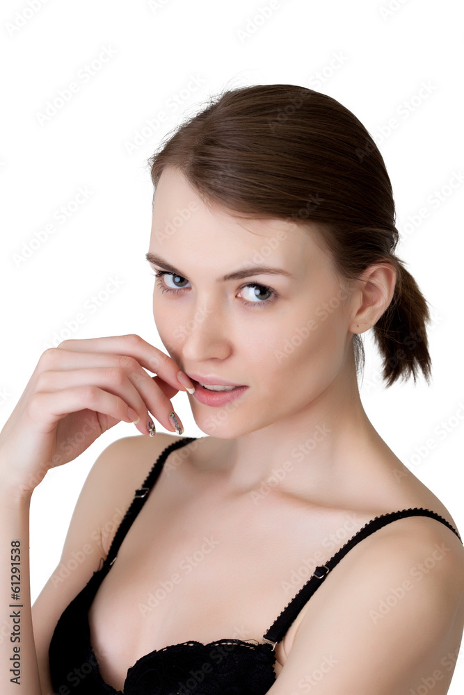 Cute brunette with healthy skin posing at camera Cute brunette with healthy skin posing at camera