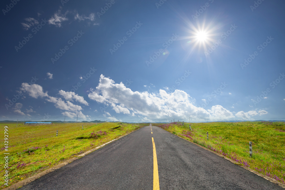 asphalt road through the green field and clouds on blue sky in s asphalt road through the green field and clouds on blue sky in s