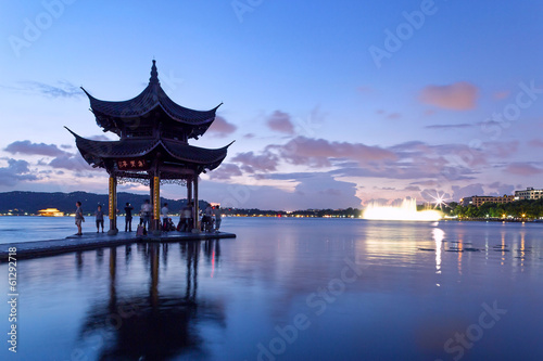 pavilion at nightfall in west lake    hangzhou    China