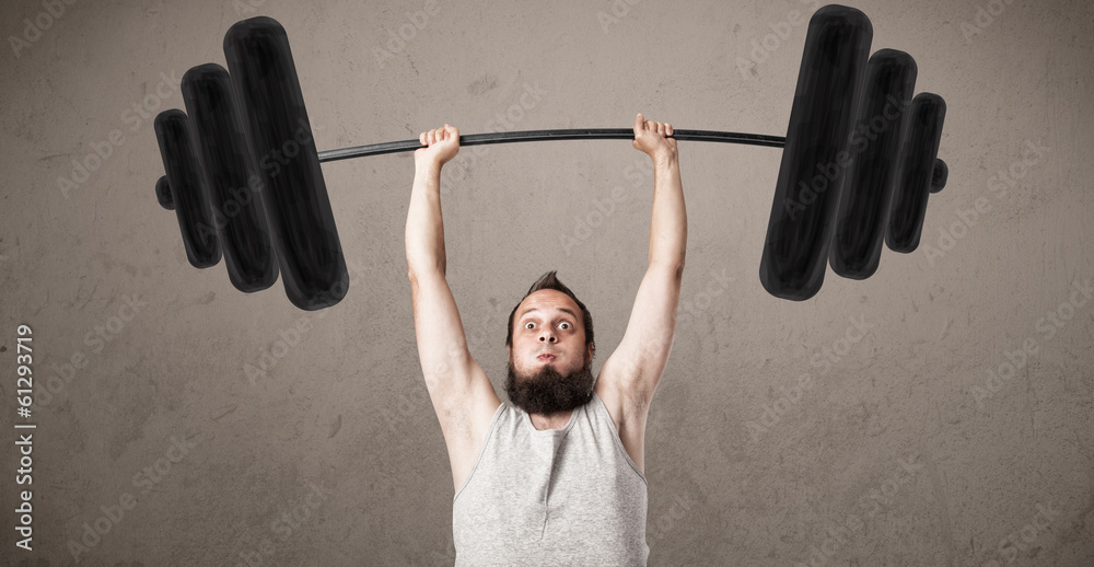 Naklejka premium Funny skinny guy lifting weights