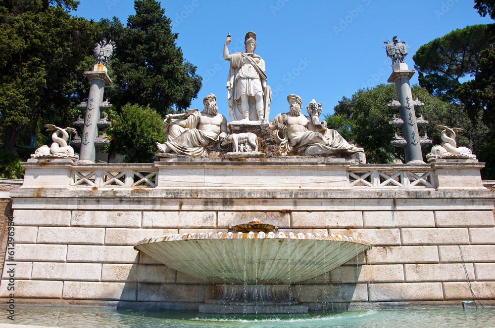 Fountain on the Piazza del Popolo in Rome, Italy.