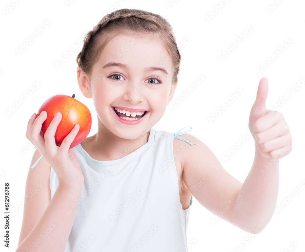 Portrait of cute little girl holding an apple. Portrait of cute little girl holding an apple.