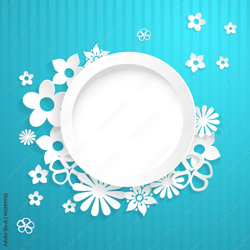 Background with circle and paper flowers on light blue Background with circle and paper flowers on light blue