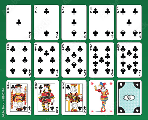 Set of playing cards of Clubs on green background.