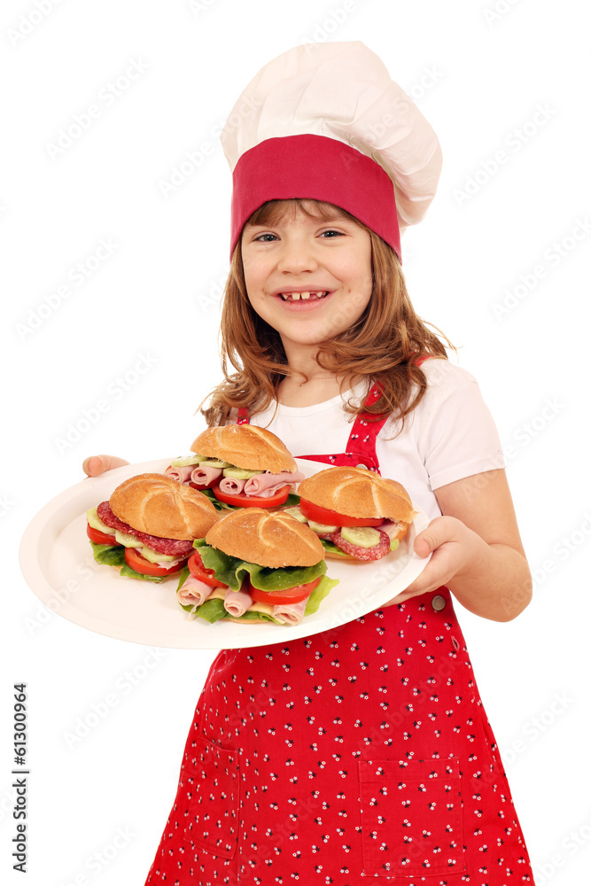 happy little girl cook hold plate with sandwiches happy little girl cook hold plate with sandwiches