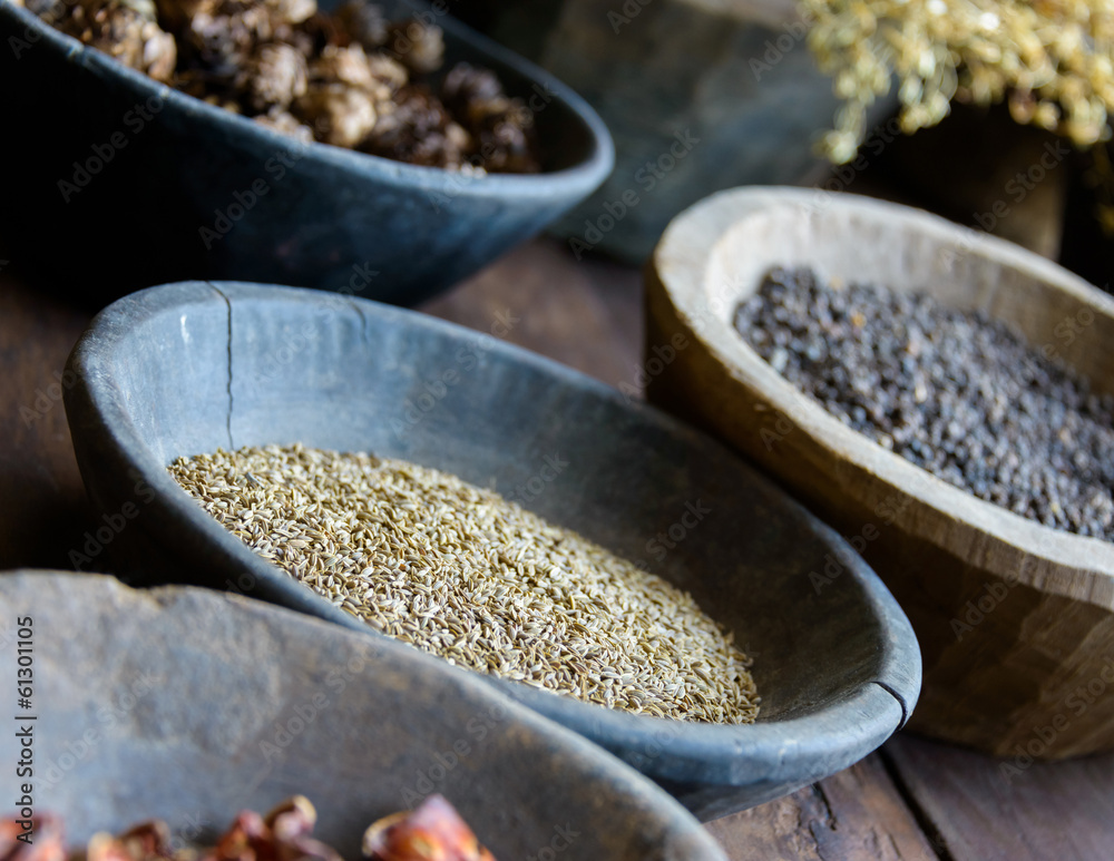 Herbs and spices in bowls used in Ayurvedic medicine Herbs and spices in bowls used in Ayurvedic medicine