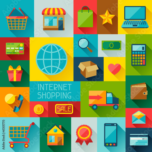 Background with internet shopping icons in flat design style.
