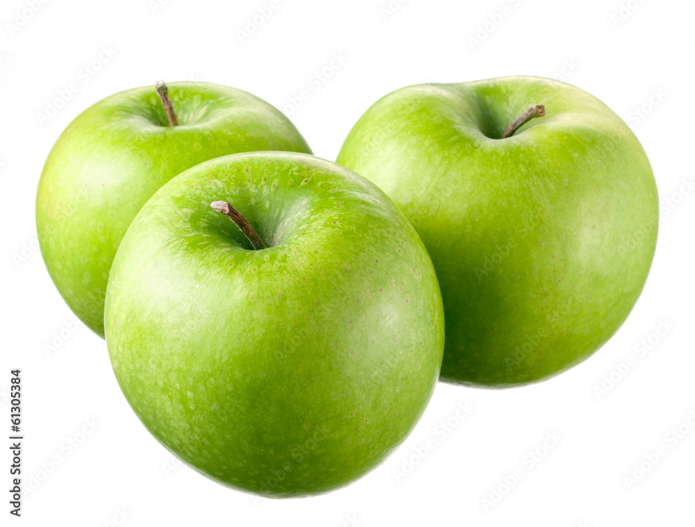 Green apples with leaves and flowers on white background Green apples with leaves and flowers on white background