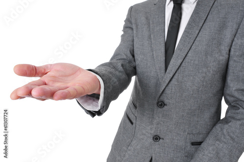 man in suit with his hand open