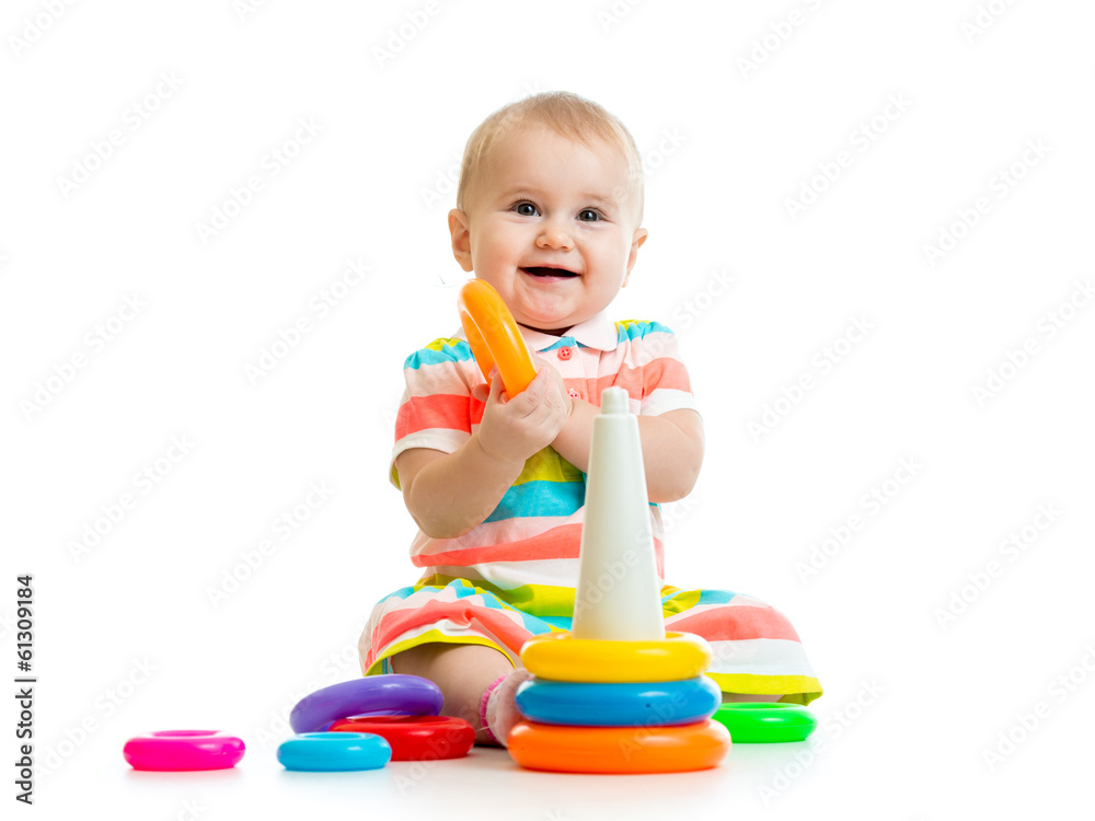 happy baby girl playing with colorful toy isolated on white happy baby girl playing with colorful toy isolated on white