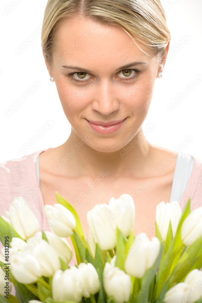 Romantic woman with tulip flowers bouquet Romantic woman with tulip flowers bouquet
