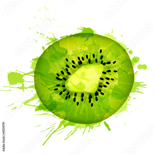 Kiwi fruit slice made of colorful splashes on white background