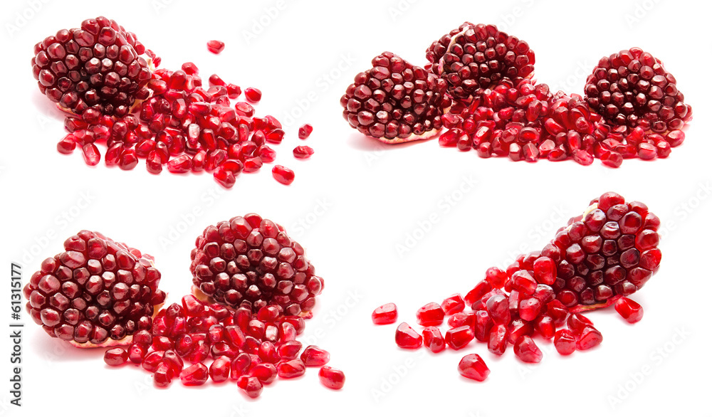 Collage of ripe pomegranate fruit seeds isolated on a white Collage of ripe pomegranate fruit seeds isolated on a white