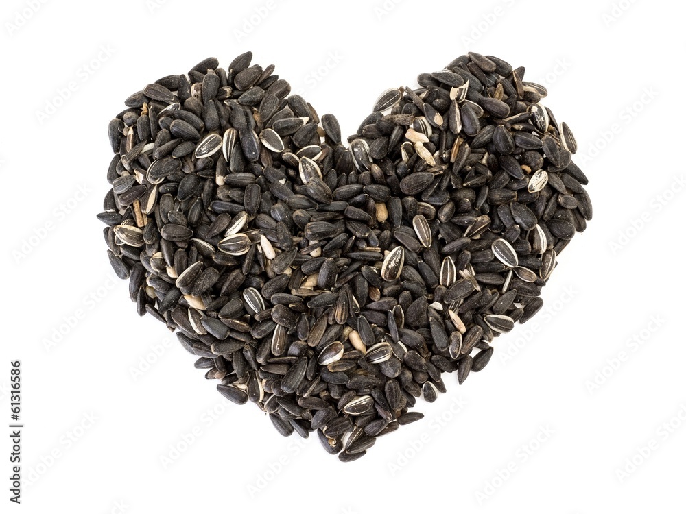 Sunflower seeds shaped as a heart on white background Sunflower seeds shaped as a heart on white background