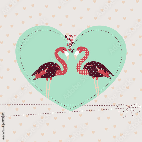 Template Valentine greeting card with loving  pair flamingo