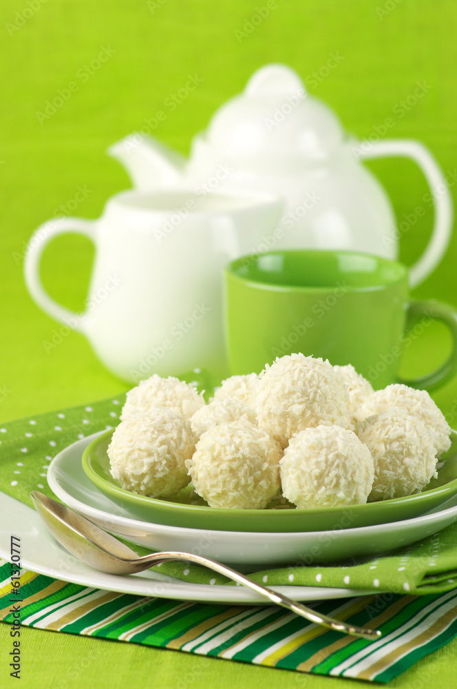 Coconut candies and tea Coconut candies and tea