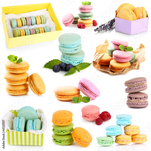 Collage of different gentle macaroons isolated on white