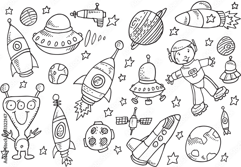 Fototapeta premium Outer Space Sketch Doodle Vector Set