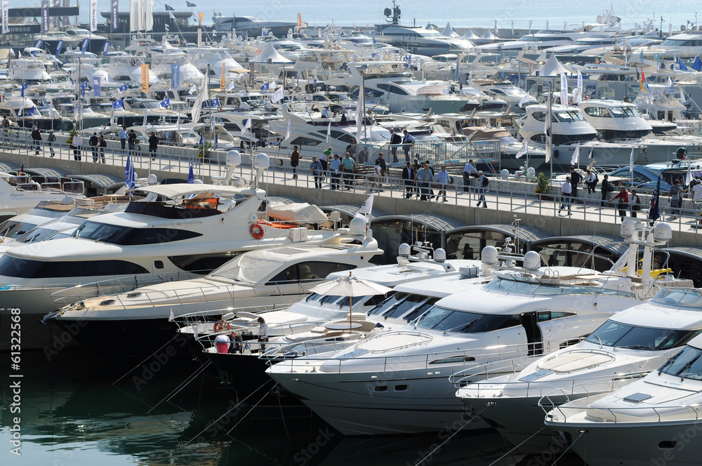 Luxury motorboats at a motor show