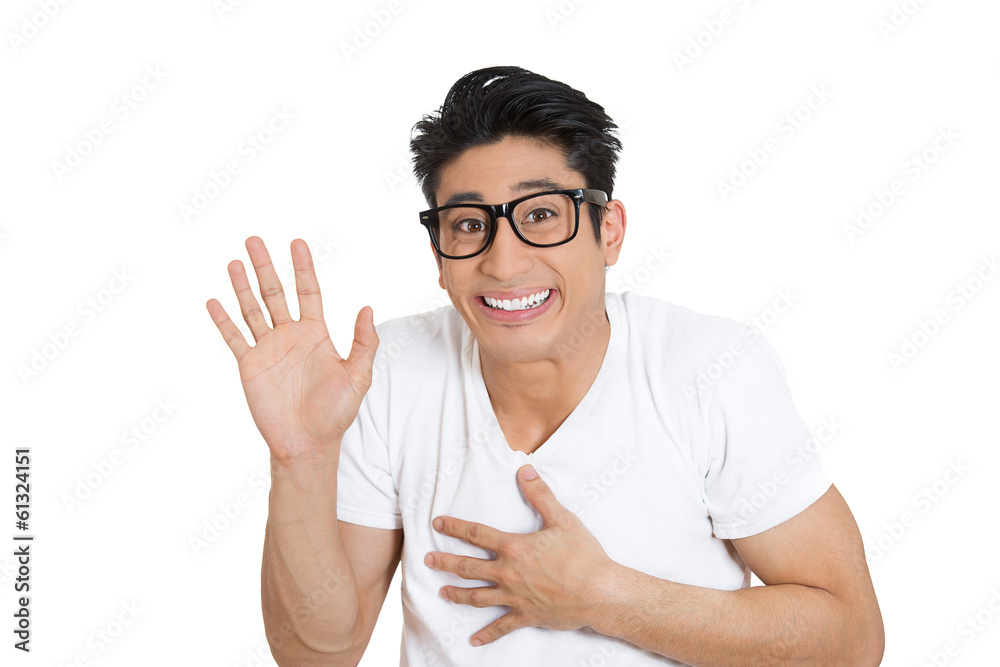 Happy socially awkward, shy man in black glasses Happy socially awkward, shy man in black glasses