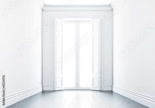 Empty white interior with shining door