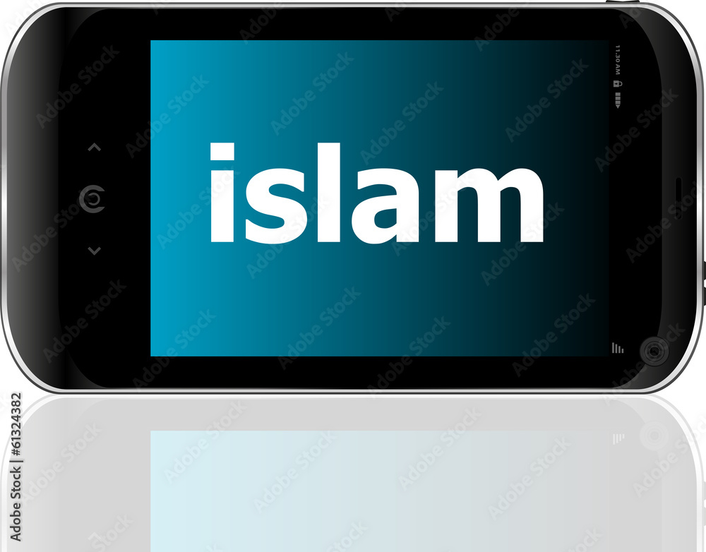 islam word on smart mobile phone, social concept islam word on smart mobile phone, social concept